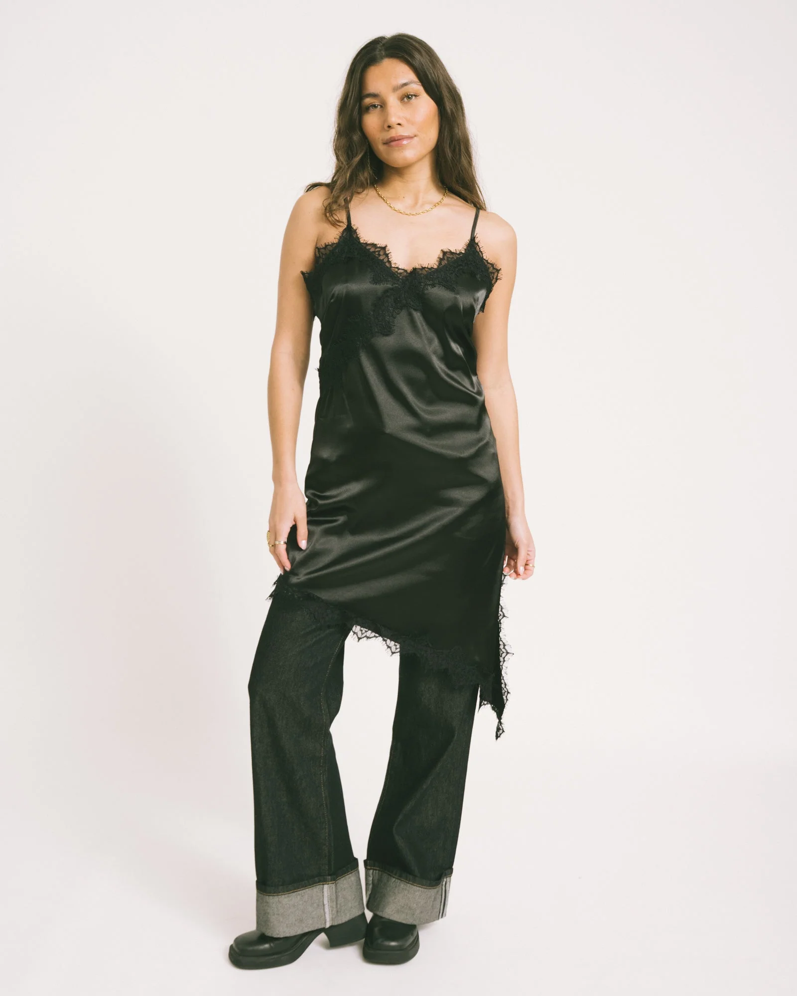 Sofie Satin Lace Dress Black - Image 8